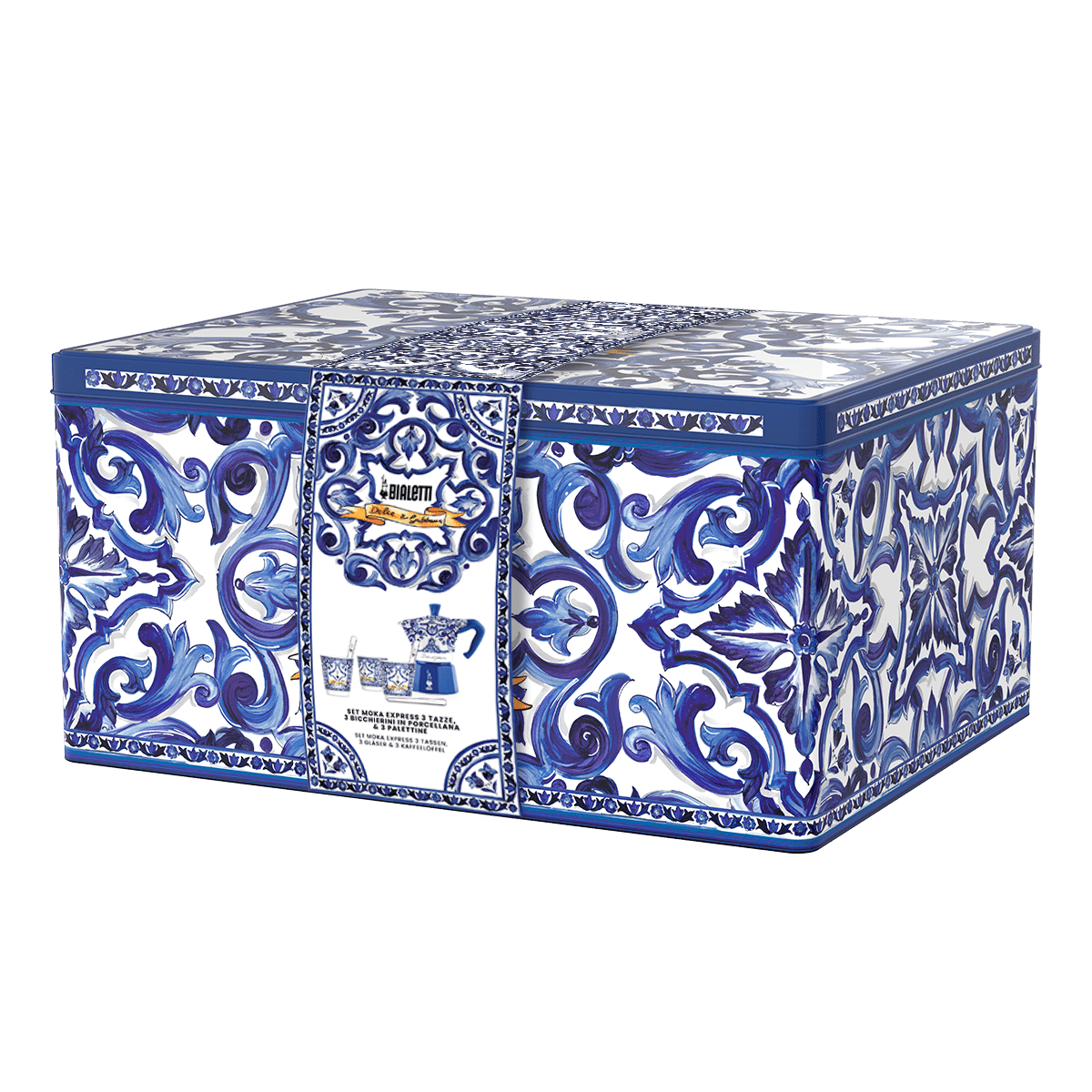 Bialetti Dolce & Gabbana Box Moka Express Blu Mediterraneo за 3 шолј.,3 порцелански шолјички и 3 сребрени лаж.