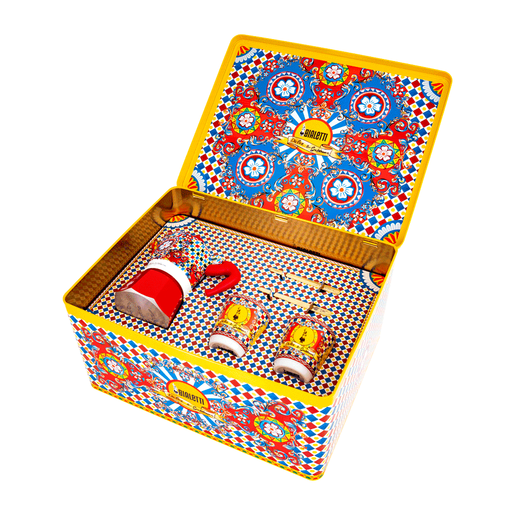Bialetti Dolce & Gabbana Box Set Moka Express Carretto Siciliano за 2 шолј.,2 порцелански шолјички и 2 златни лаж.