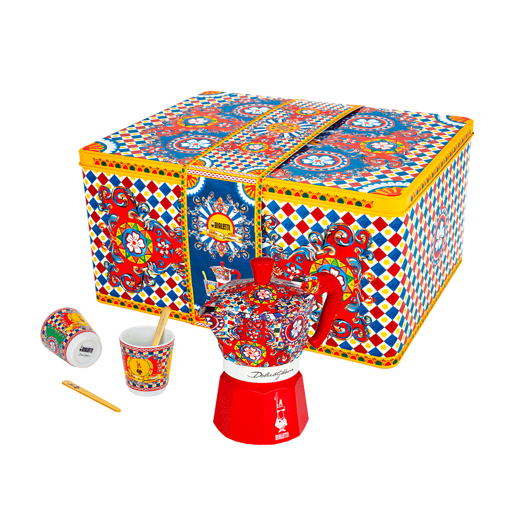 Bialetti Dolce & Gabbana Box Set Moka Express Carretto Siciliano за 2 шолј.,2 порцелански шолјички и 2 златни лаж.