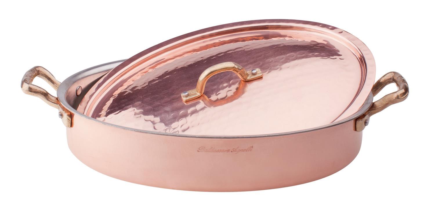 Agnelli oval omelette pan with lid, 2 brass handles, hammered tinned copper — bakar 2 mm