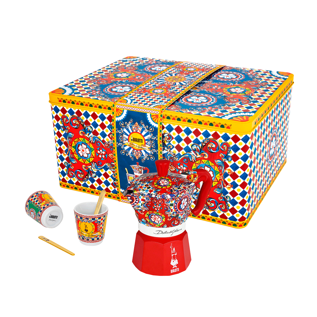 Bialetti Dolce & Gabbana Box Set Moka Express Carretto Siciliano за 2 шолј.,2 порцелански шолјички и 2 златни лаж.